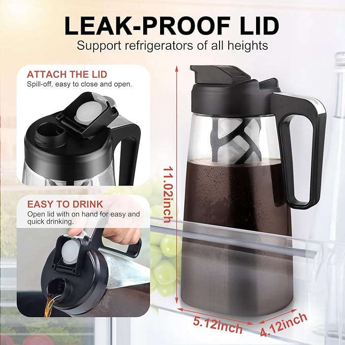 Sivaphe Large Ice Cold Coffee Maker 2 Quart, Dishwasher Safty Traitan Carafe Pitcher Leak Proof, Reusable Filter 64 oz Iced Hot Coffee Tea Method Brewer