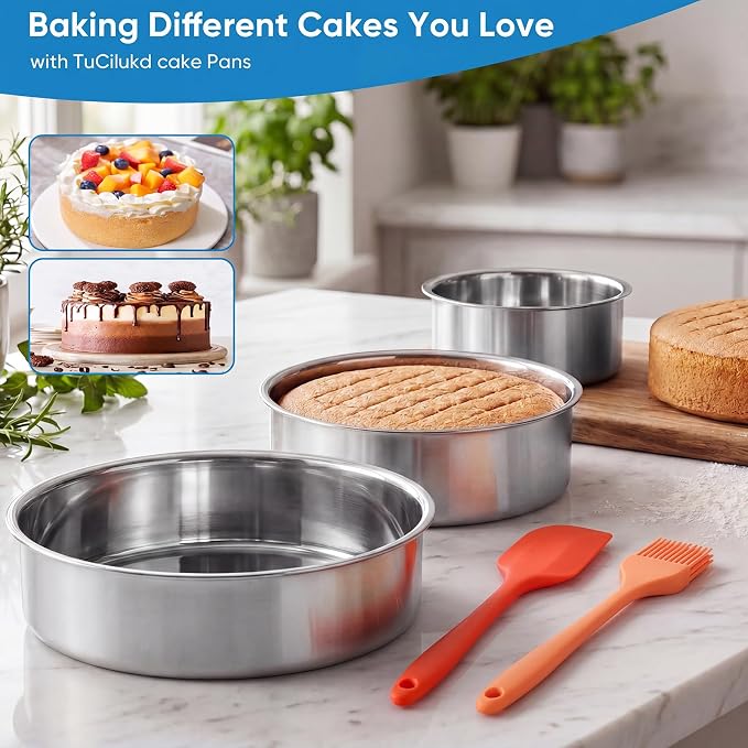 4 6 8 Inch 3-Piece Round Cake Pan Set with 150 Parchment Paper Liners, Stainless Steel Baking Pans with Handles, Includes Silicone Brush & Spatula, Layer Cake Baking Set for Cheesecake, Birthday Cake - Image 2