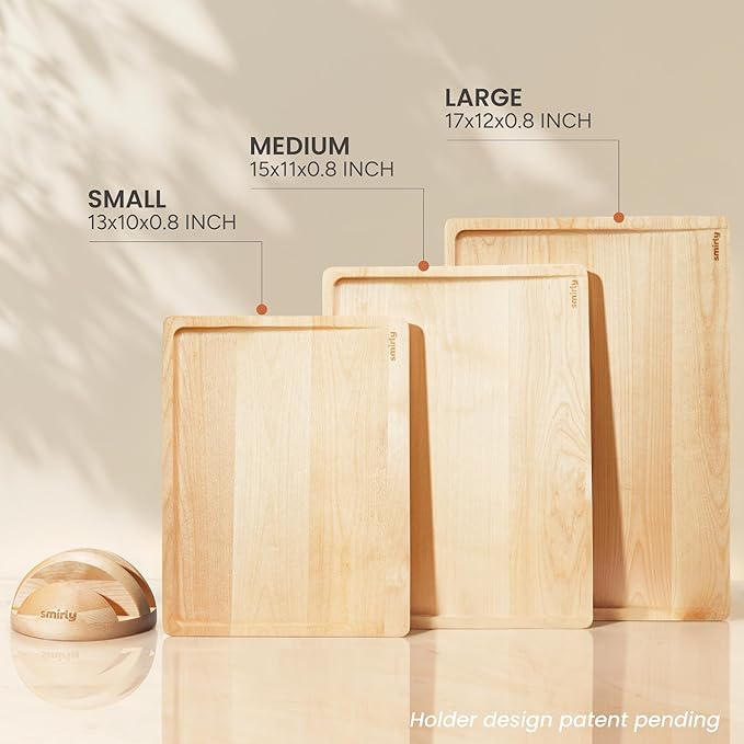 SMIRLY Cutting Boards for Kitchen, 3 Piece Birch Cutting Board with Stand | Non Toxic Wooden Cutting Board with Juice Grooves and Handles, Multiple Sizes Chopping Boards for Meat Vegetable Charcuterie - Image 5