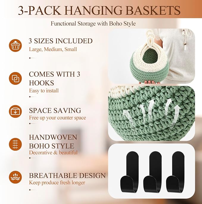 Honeydak Boho Decor Hanging Wall Baskets for Kitchen 3 Pack Teardrop Baskets with Hooks Storage Fruit Onion Vegetable Potato for Home 3 Sizes(White with Sage Green,Teardrop,Cotton Rope) - Image 3