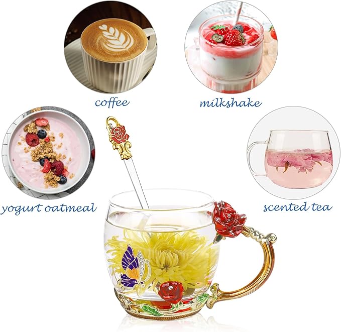 Flower Tea Cup,Butterfly Daisy Glass Fancy Coffee Mug with Spoon,Gift Box for Her Mom Wife Grandma Girls Friends Valentines Christmas Birthday Present Idea for Juice,Hot/Cold Drinks Use (Red rose)