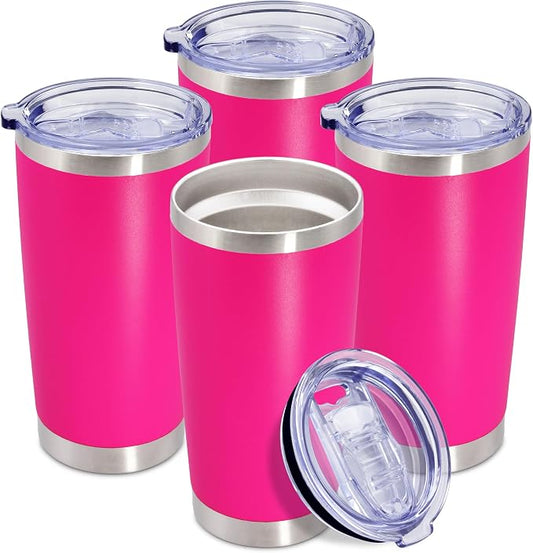 20oz Tumbler Insulated Coffee Tumblers with Lid Stainless Steel Hot Pink 4P | 20 oz Tumblers Double Wall Insulated Vacuum 20oz Coffee Mug Leak Proof Tumblers with Lid Powder Coated - Hot Pink 4 Pack by AEPDTD