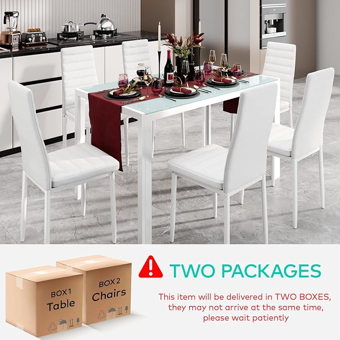 Gizoon White 7 Piece Glass Dining Table Set, Kitchen Table and Chairs Set | PU Leather Modern Dining Room Furniture,Dining Table Sets,Space Saving Table and Chairs Set for Home, Kitchen, Living Room - Image 3