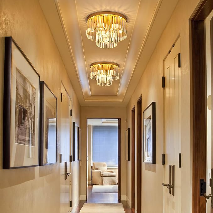 17" 9 Light Gold Crystal Ceiling Light for Dining Room | K9 Crystal, 2 Tier, E12 Base, Adjustable Color Temperature, Flush Mount, for Kitchen Island Living Room Bedroom Entryway - Image 5
