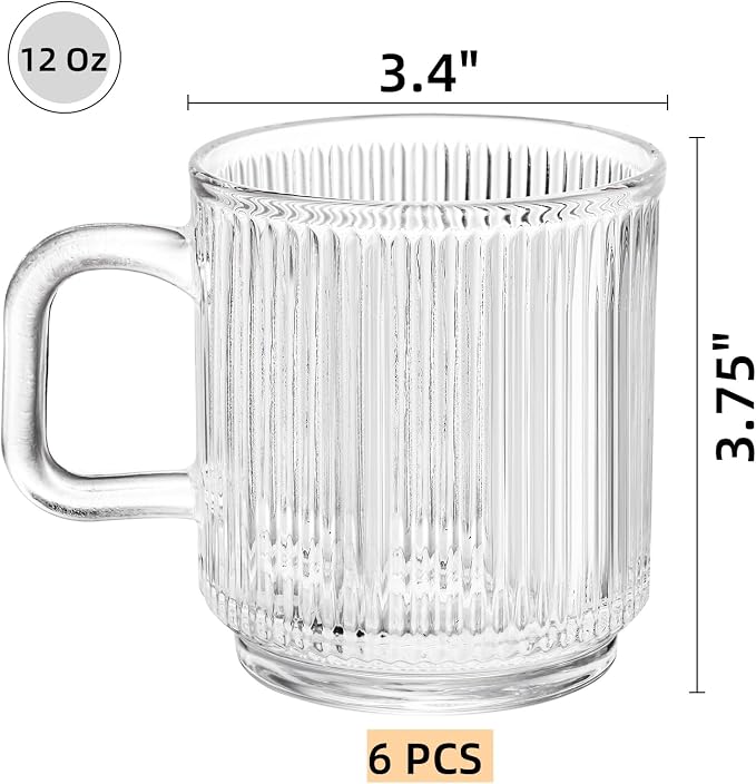 Noamus 6 Pack Premium Glass Coffee Mugs with Handle, 12 Oz Classic Vertical Stripes Glass Tea Cups, Transparent Ribbed Beverage Mugs, Clear Vintage Glassware Set for Hot Cold Americano, Cappuccino - Image 2