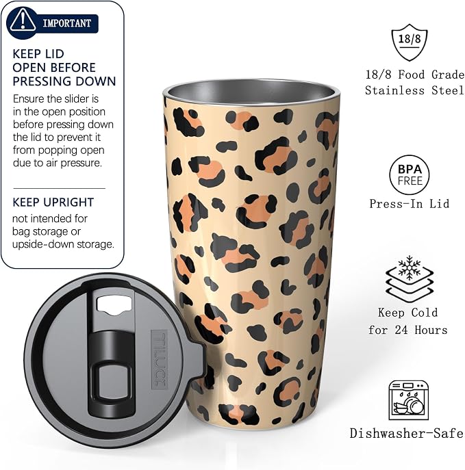 TILUCK 20 oz Insulated Coffee Tumbler with BPA-Free Lid | Travel Coffee Mug, Dishwasher Safe, Cup Holder Friendly, Double-Wall Vacuum Insulation for Hot & Cold Drinks, Leopard - Image 2
