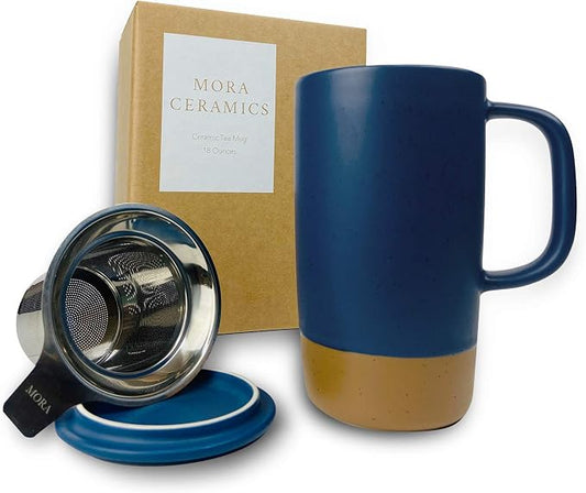 Mora Ceramics Large Tea Mug with Loose Leaf Infuser and Ceramic Lid, 18 oz, Portable, Microwave and Dishwasher Safe, Tall Coffee Cup - Rustic Matte Ceramic Glaze, Modern Herbal Tea Strainer, Deep Blue by MORA