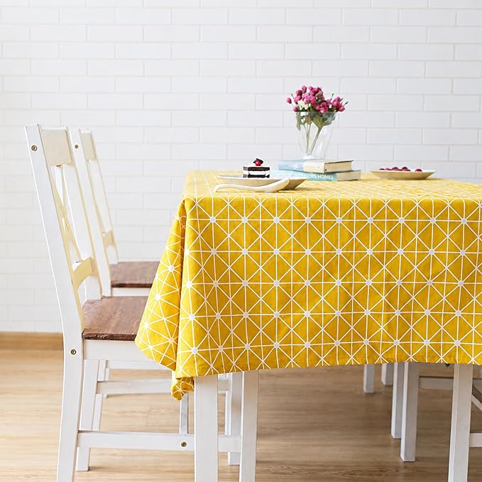 meioro Yellow Boho Table Cloth Rectangle Cotton Linen Nordic Twill Tablecloths Wrinkle Free Fabric Checkerboard Stripe Table Cloths Rustic Cover for Kitchen Dining Party Outdoor Picnic(55 x 86 Inch) by meioro
