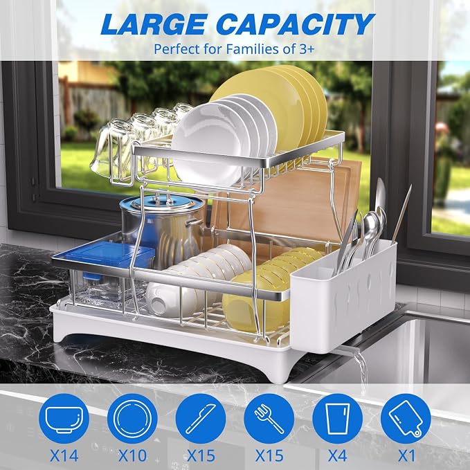Godboat 2-Tier Dish Drying Rack - 304 Stainless Steel Dish Rack Auto Drain | Dish Racks for Kitchen Counter, Dish Drainer with Knife Fork & Cup Rack, Gifts for Women, Mothers Day, Kitchen Gadget, Silver - Image 3