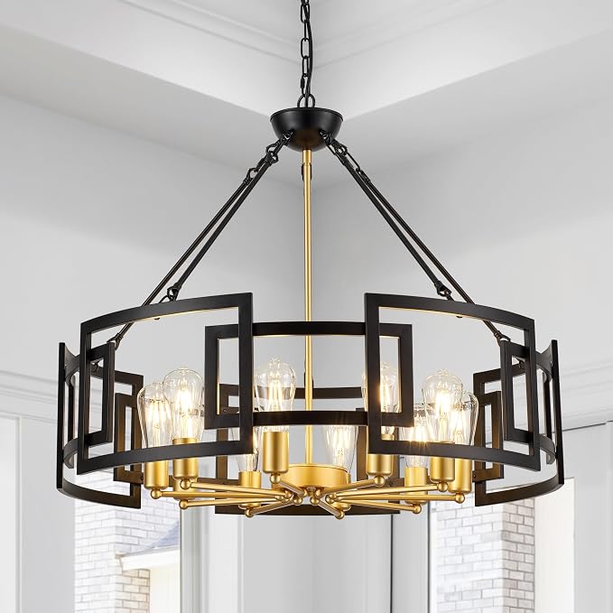Modern 31.5" Black Gold Chandelier for Dining Room Large Industrial Vintage 6-Light Round Ceiling Mount Pendant Light Fixture for Kitchen Bedroom Living Room Stairway Hallway Entryway Foyer by ProfessionalLightingFixturesManufacturer