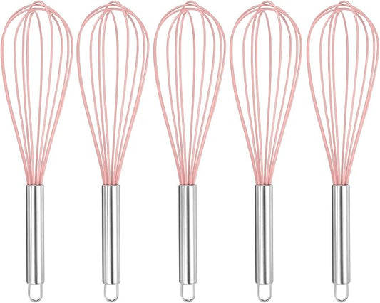 HARFINGTON 5Pcs Silicone Whisk 12" Kitchen Whisk Wire Whisks Beater with Stainless Steel Handle for Egg Milk Whisking Blending Beating & Stirring, Pink