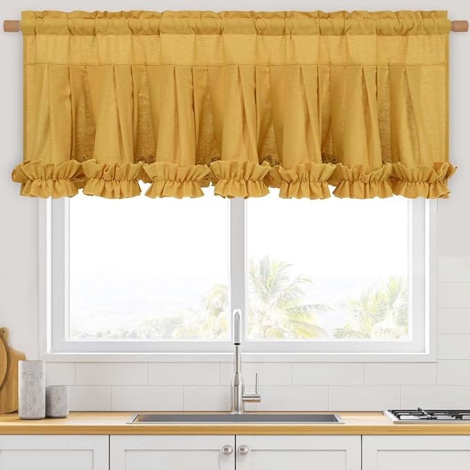 Likiyol Linen Valances for Windows Farmhouse Window Valances with Ruffle Rustic Country Light Filtering Kitchen Valance Curtains Rod Pocket Valance for Bathroom Cafe, Yellow, 52" W X 18" L - Image 8