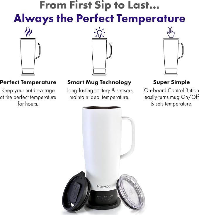 Nextmug Ultra - Temperature-Controlled, Self-Heating Travel Mug | (White - 24 oz.) – The Biggest Nextmug, No App, Long-Lasting Battery for Work & Study, Great Gift for Coffee Lovers - Image 2