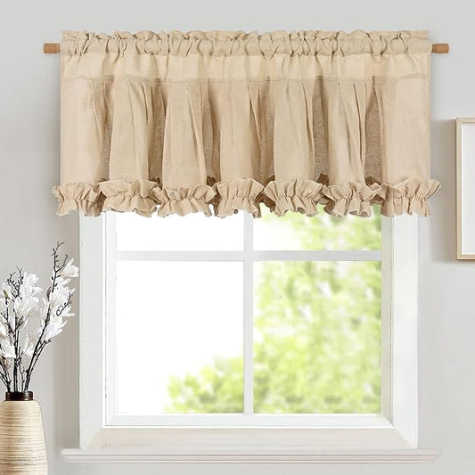 Likiyol Linen Valances for Windows Farmhouse Window Valances with Ruffle Rustic Country Light Filtering Kitchen Valance Curtains Rod Pocket Valance for Bathroom Cafe, Linen, 52" W X 18" L by Likiyol