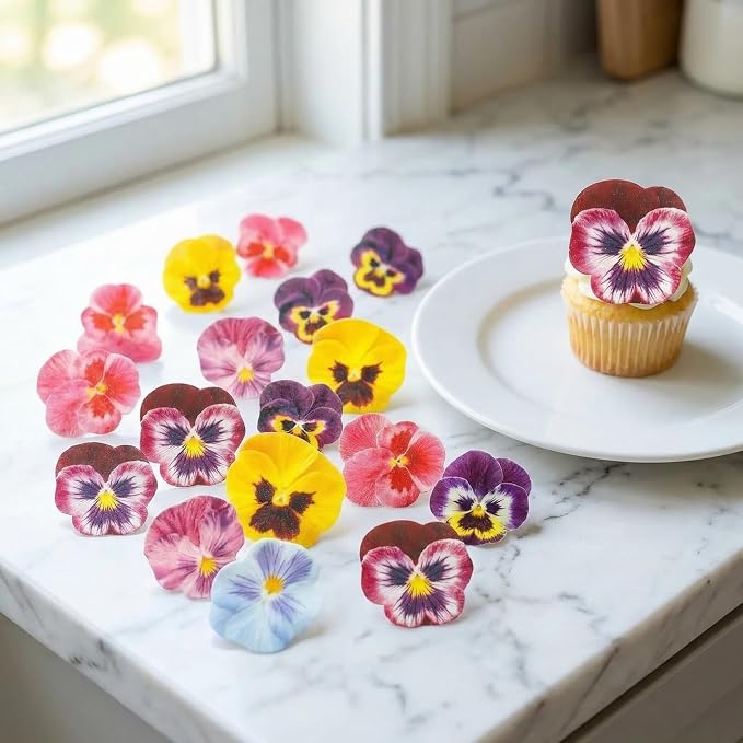 Edible Flower Cupcake Toppers, 64 Pieces Wafer Paper Pansy Flowers, Multicolor Spring Bridal Engagement Baby Shower Birthday Anniversary Party Supplies - Image 5
