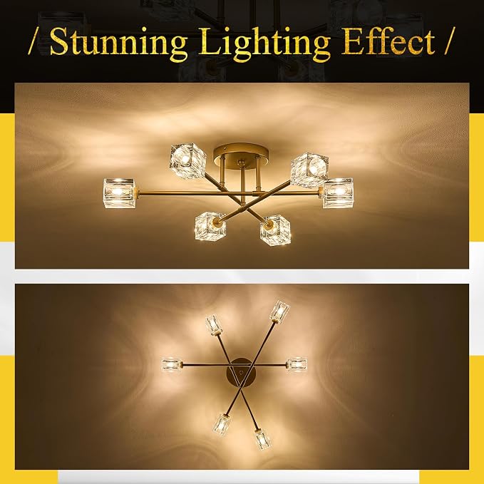 Modern Crystal Semi Flush Mount Ceiling Light Gold Sputnik Chandeliers 6 Lights Industrial 26" Chandelier for Foyer Entryway Kitchen Bedroom Living Room Dining Room - Image 7