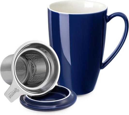Sweese 15oz Ceramic Tea Cup with Infuser and Lid, Microwave and Dishwasher Safe, Extra-Fine Loose Leaf Tea Steeper, Comfortable Handle, Tea Set in Gift Box, Dark Blue by Sweese
