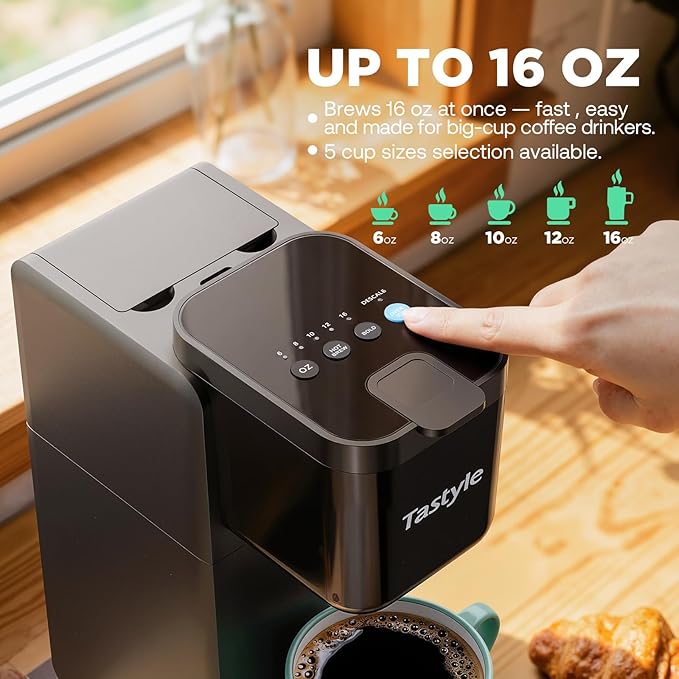 Tastyle Single Serve Coffee Maker Hot and Iced with Bold Brew, Up to 16 Oz | for K Cup and Ground, Fits 7.3'' Travel Mug, 5 Cup Sizes, Compact for Office, RV& Hotel, K320, 3.0 Version, Black - Image 4