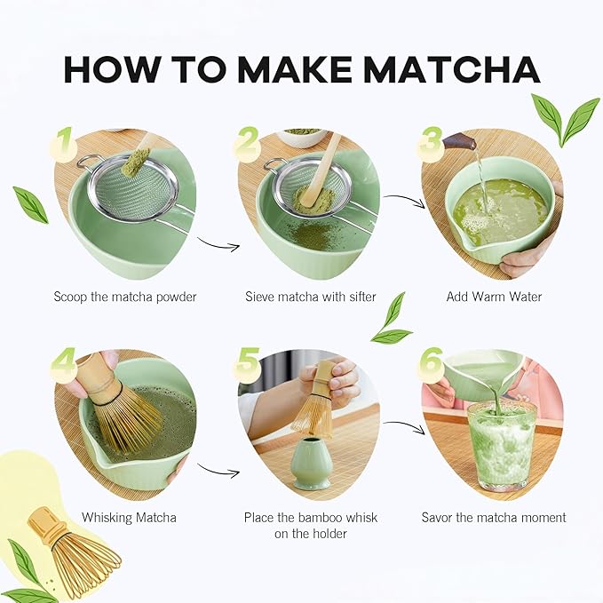 Traditional Matcha Tea Set, 8-Piece Ceremonial Kit with Ceramic Bowl, Bamboo Whisk, Holder, Scoop, Rest and Sifter-Green