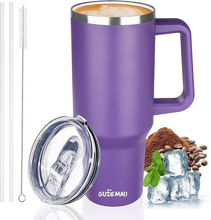 40 oz Insulated Coffee Mug with Ceramic Coating, Stainless Steel Travel Mug Tumbler with Handle Lid and Straw, Double Wall Leak-Proof Coffee Travel Mug Keeps Drink Hot and Cold (Purple) by GUDEMAO