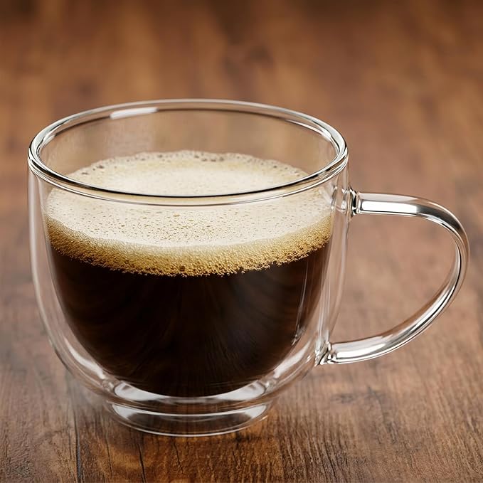 Double Wall Glass Coffee Mugs with Handle, 7.4 oz (220ml) Clear Insulated Espresso Cups for Cappuccino, Latte, Hot Tea & Cold Drinks, Microwave Safe Borosilicate Glassware, Set of 2 (6oz(2-pack)) - Image 3