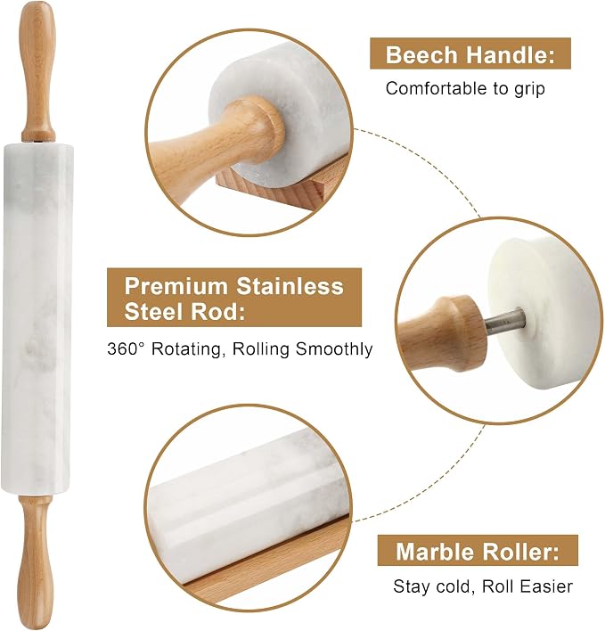 African Natural Marble Rolling Pin, Non-Stick Polished Dough Roller, Pasta, Dumpling, Fondant, Pie Crust, Bread, Pizza Dough, Kitchen Baking Pastry Tools with Mat/Scraper（Namib Fantasy） - Image 4