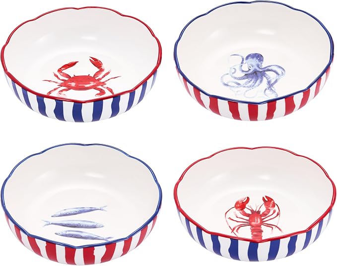 Bico Ocean Wonders Scalloped Pasta Bowls, 36oz Salad Bowl Set of 4, Large Ceramic Serving Dinner Bowls for Soup and Cereal, Microwave and Dishwasher Safe, Gift for Housewarming and Holiday by Bico