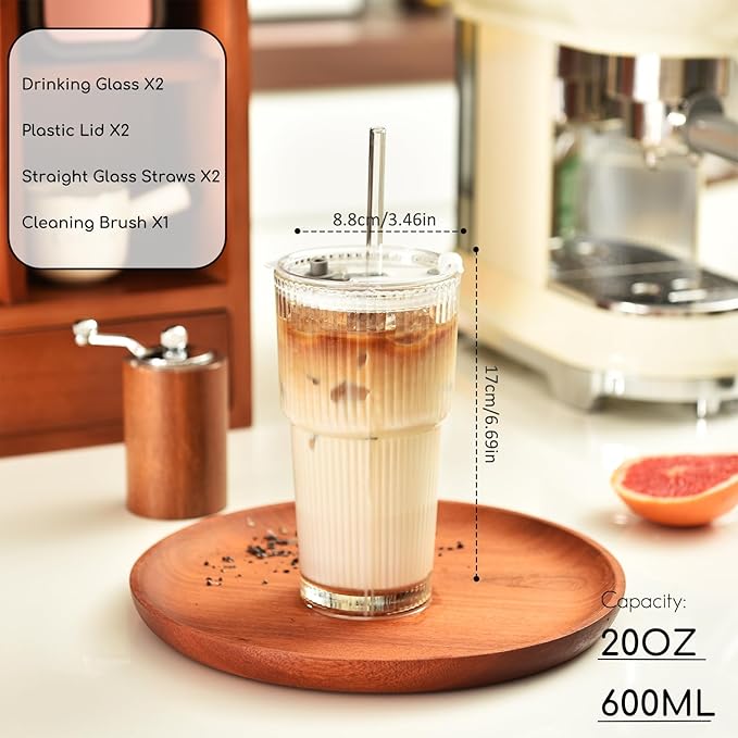 Haundry 20 oz Ribbed Glass Tumbler with Lids and Straws, 2 Pack Iced Coffee Cups, Thickened Glassware Set, Ripple Design Glass Cups for Coffee, Soda, Smoothies, Cocktails and Juice