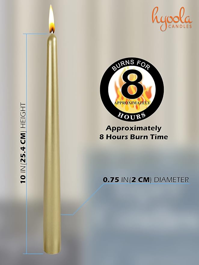 Hyoola Tall Metallic Cream Gold Taper Candles - 10 Inch - Dripless - 12 Pack - 8 Hour Burn Time - Image 3