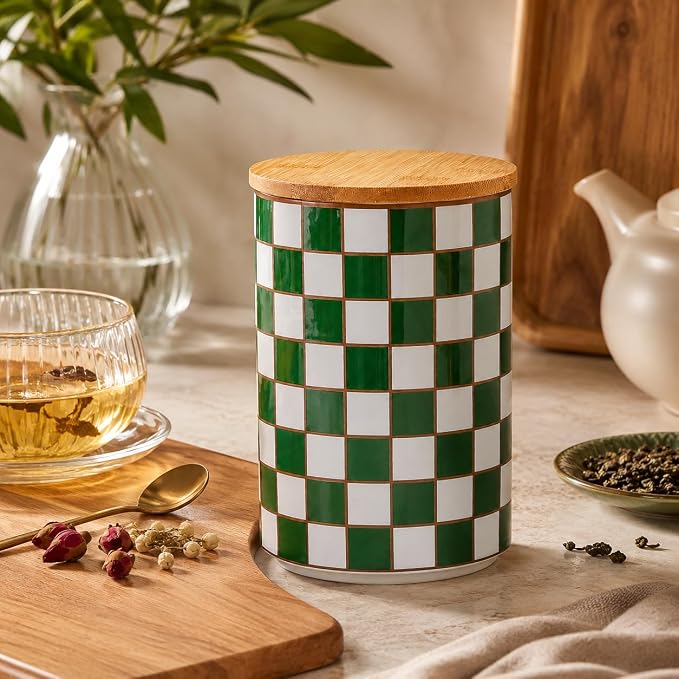 Kitchen Countertop Ceramic Checkered Canisters,Black And White Food Storage Containers With Lid,Airtight Kitchen Canisters for Flour, Sugar, Coffee, Tea, and Dry Goods (Green, XL) - Image 5