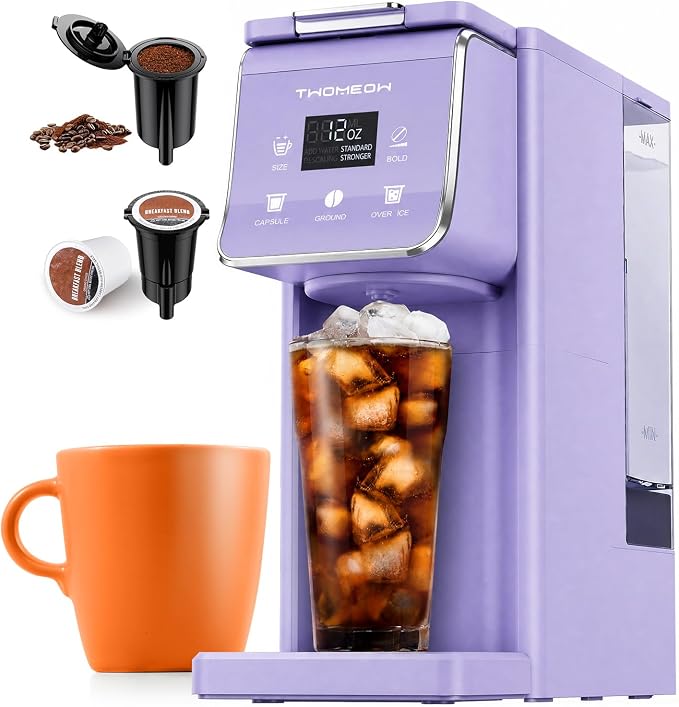 K Cup Coffee Maker, Single Serve Hot & Iced for K-Cup & Grounds | 52oz Removable Reservoir, Single Cup Coffee Maker with Bold Setting, 6-14oz Brew Sizes, Reusable Filter, Compact, Purple by TWOMEOW