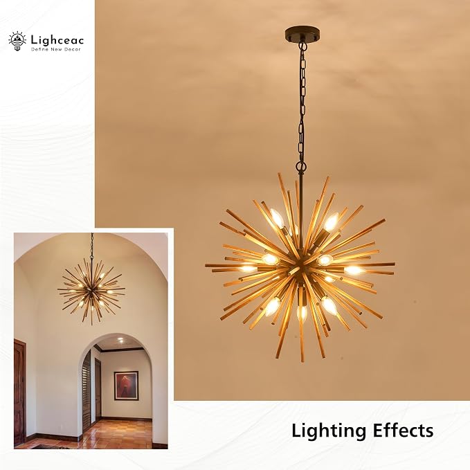 23.6" Farmhouse Sputnik Chandelier for Dining Room Rustic Handmade Natural Wood 12-Light Hanging Ceiling Pendant Light Fixture Starburst Wood Chandeliers for Kitchen Bedroom Foyer Hallway - Image 7