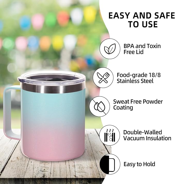 Volhoply 14oz Insulated Stainless Steel Coffee Mug with Lid Bulk 2 Pack,Double Wall Vacuum Travel Coffee Cup with Handle,Reusable Cups Tumbler,Camping Mugs Keep Hot,Ideal Gifts(Green Pink,2) - Image 4