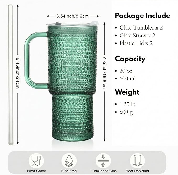 20 oz Green Glass Tumbler with Lid and Straw, Glass Iced Coffee Cups, Spill-proof Glasses Tumbler with Handle, Glasses Drinking Set of 2, Vintage Glassware for Cocktail, Smoothies - Image 7