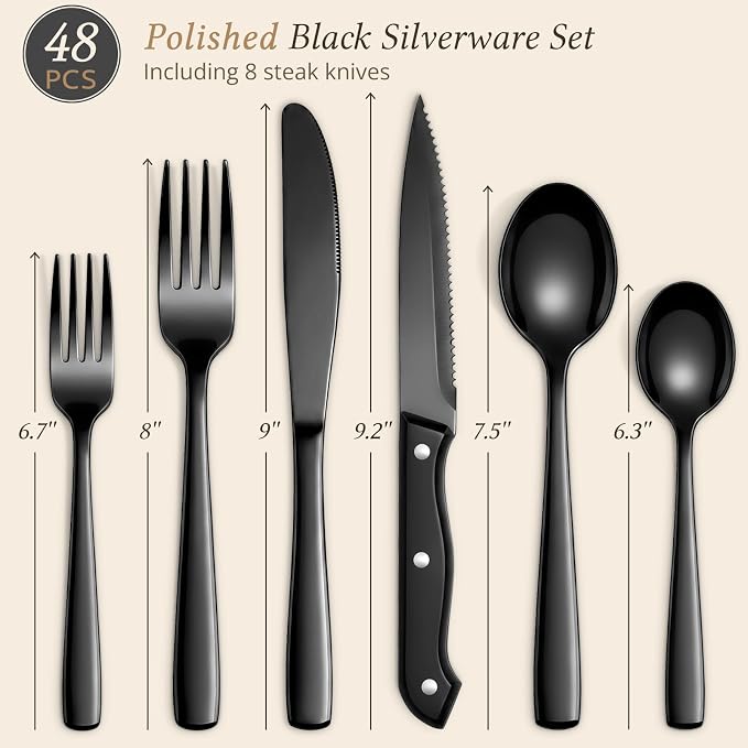 Hiware 48-Piece Black Silverware Set for 8, 18/10 Stainless Steel Flatware Cutlery Set with Forks, Knives, Spoons, Steak Knives, Durable and Elegant Design Utensils Tableware - Dishwasher Safe - Image 2