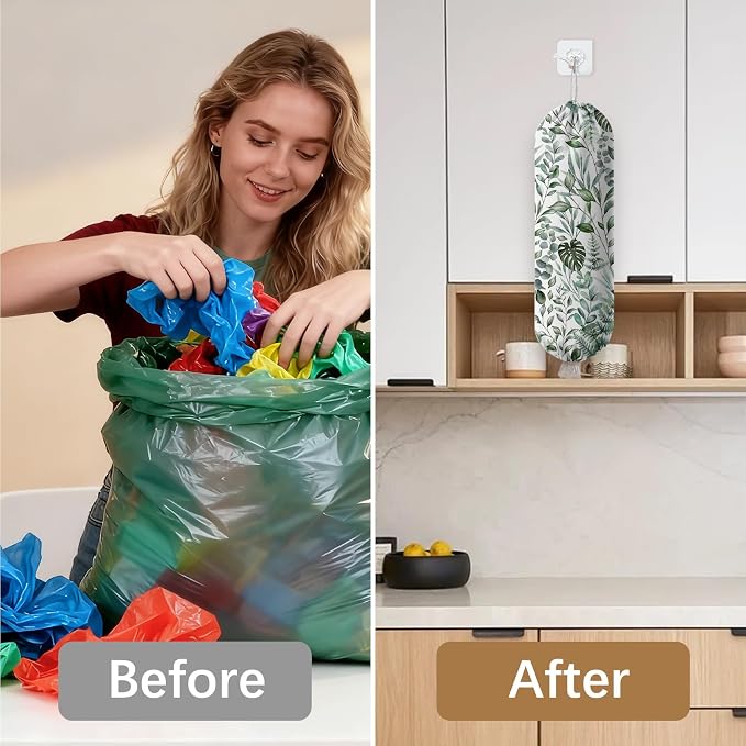 Plant Plastic Bag Holder, Wall Mount Organizer for Reusable Canvas Grocery Bags, Plants Hanging Plastic Bag Dispenser, Green Leaves Shopping Bags Storage Dispenser Decorative Home Kitchen Pantry Decor - Image 6