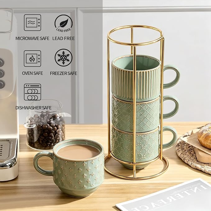 JIEMEI HOME Large Ceramic Coffee Mug Set of 4 with Stand, 15 Oz Stackable Embossment Ribbed Latte Cup Set for Cappuccino, Latte, Tea, Hot Cocoa, Drinks - Dishwasher & Microwave Safe, Vintage Turquoise - Image 4