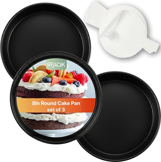 RFAQK 8-Inch Round Cake Pan Set of 3, Nonstick Baking Cake Pans with 50 Pieces Parchment Paper, Dishwasher Safe | Non-Stick, Dishwasher Safe, Oven Safe and Rust Resistant by RFAQK