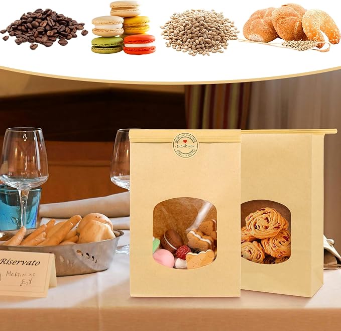 9.6x6.1x2.7” Bakery Bags with Window 30 Pieces Brown Bakery Bags Kraft Paper Bags Tin Tie Tab Lock Bags for Cookies with Free Stickers - Image 5