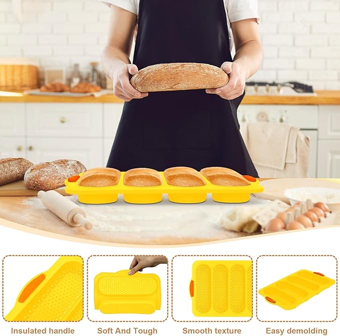 Silicone Bread Loaf Pan, 4-cavity Non-Stick Baguette Bread Pan Heat Resistant Hot Dog Bun Mold, for Sub Roll Baking Pan Bread Pans for Homemade Bread（Yellow）