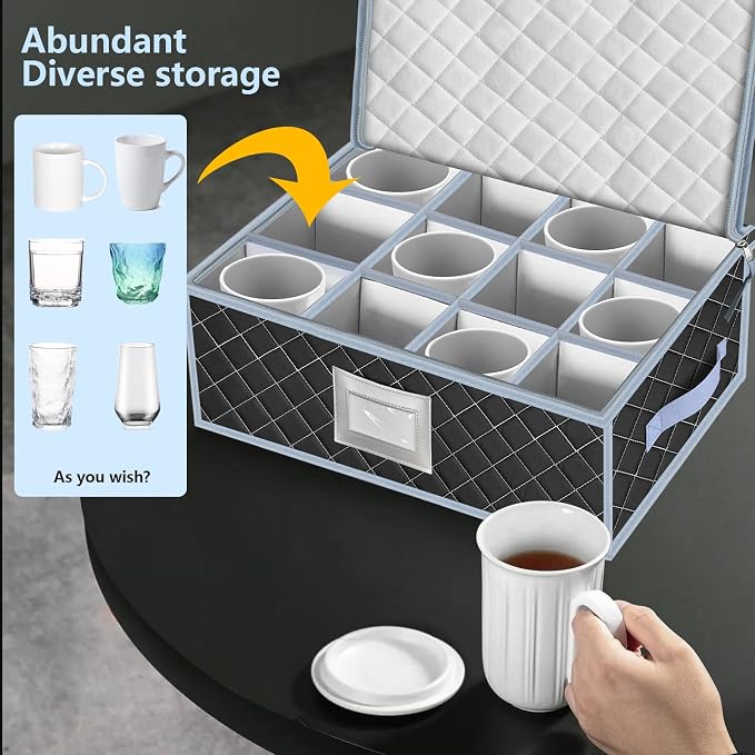 Mug and Cup Storage Box with Dividers - 2 Pack China Storage Bin Containers Holds 24 Glassware, Stackable Coffee Mug Organizer Bin and Tea Cup with 2 Metal Zipper,Label and Handles (Grey) - Image 6