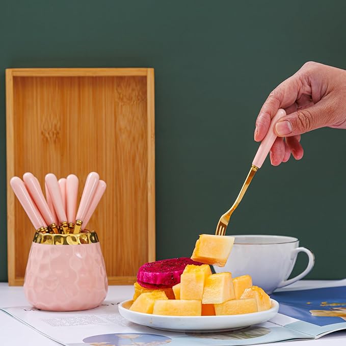Dessert Fork Set,Ceramic Jar with 8 Small Forks for Fruit,Salad,Appetizer,Cake,Flatware Set (Pink jar+8 forks)