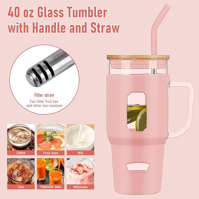 Glass Cups with Handle and Bamboo Lids - 40oz Tumbler with Stainless Steel Straw | Glass Water Bottle with Silicone Sleeve for Coffee, Smoothi, Hot/Cold Drinks for Travel, Office, Home (Pink)