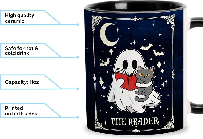 Hyturtle Cute Ghost with Cat Coffee Mug with Spoon for Halloween Birthday | Funny Ghost Tarot Gifts for Readers, Book Lover Mug, Book Club Gifts, Premium 11oz Ceramic Coffee Tea Cup, Double-sided print - Image 6