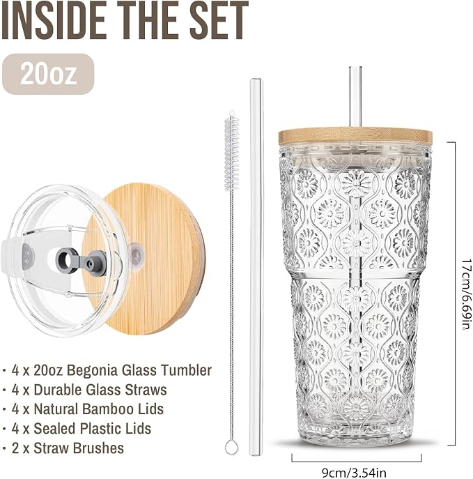 SoulTimes 20oz Begonia Flower Glass Tumbler with Bamboo Lid and Straw–Iced Coffee Glasses Cups for Smoothie, Matcha, Juice, Water etc. Leakproof and Reusable Glassware Drinking for Travel To Go [4Pcs] - Image 3