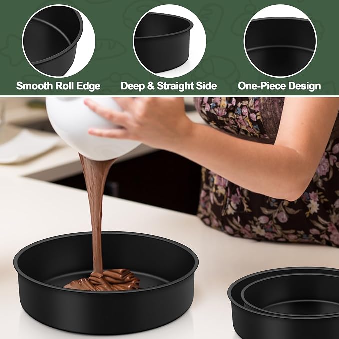 E-far Cake Pan Set of 3 (6 inch/8 inch/9½ inch), Nonstick Round Baking Cake Pans for Tier Birthday Wedding Cake, Stainless Steel Core & Non-Toxic Coating, 2 Inch Deep (Black) - Image 6