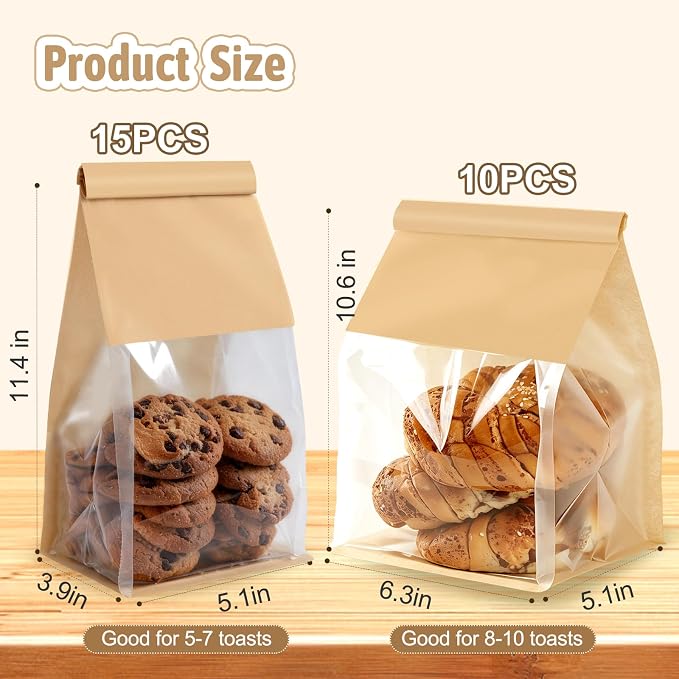Bakery-Grade Bread & Cookie Bags for Homemade Snack, 2-Size 25Pcs | Luxury Brown Paper Bags with Clear Window, Reusable Tin Tie, Odor-Free Safe for Sourdough, Popcorn, Bake Sales& Snack Storage - Image 2