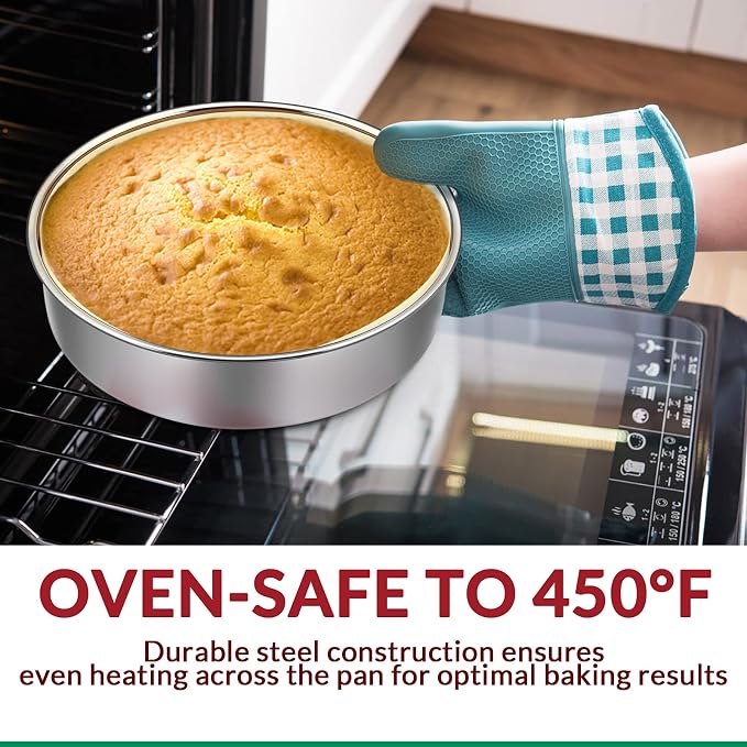 E-far 9½ Inch Cake Pan Set of 2, Stainless Steel Round Layer Cake Baking Pans with Parchment Rounds & Side Liner Roll, Non-Toxic & Healthy Metal Cakes Tin, Straight Side & Dishwasher Safe - Image 5