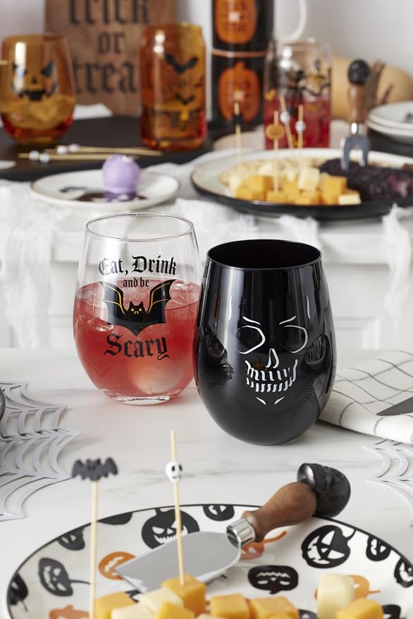 Oneida Vintro Halloween Stemless Wine Glasses, Set of 4 | dishwasher safe | skeleton and bat designs | halloween party glassware | 5 inch, 18oz, halloween kitchen decor - Image 8