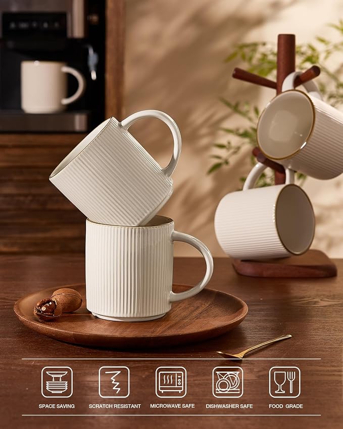 famiware Coffee Mug Set for 4, Star 16 oz Catering Mugs Cup Set with Handle for Coffee, Tea, Cocoa, Milk - Ceramic Stoneware Drinkware Set, White - Image 7